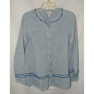 LOGO LORI GOLDSTEIN Blue Chambray Sz XS Button Up Roomy Tiered Boho Top Pockets